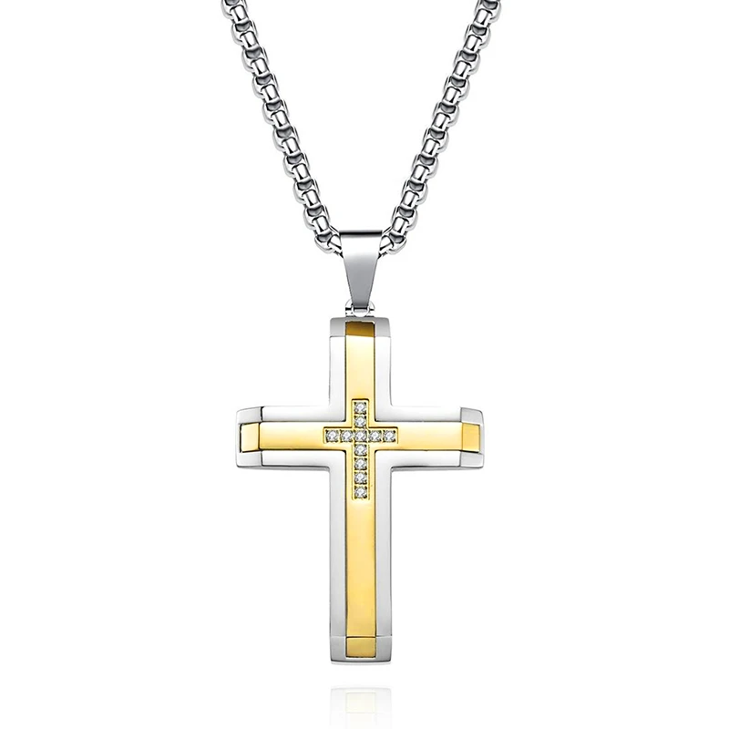 Mens Black And Gold Plated Stainless Steel Cross Pendant CZ Necklace Mens Black And Gold Plated Stainless Steel Cross Pendant CZ Necklace