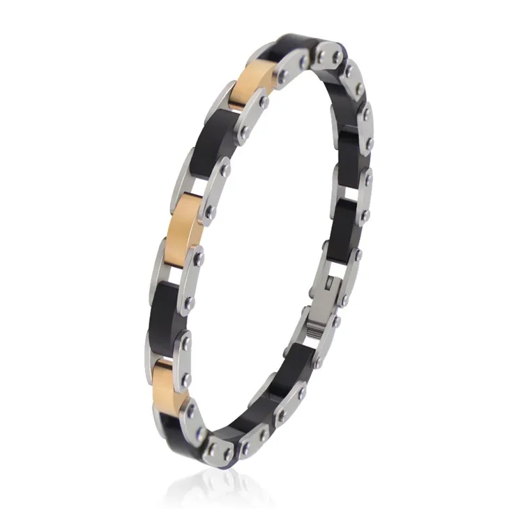 Two-Tone Stainless Steel Wood Inlay Link Bracelet